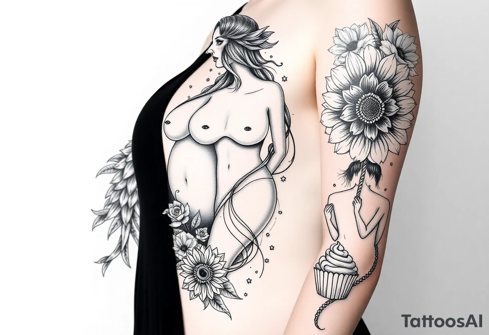 Storm, darkness, seven deadly sins, fat naked woman, peacock, dead sunflower and rosesflowers, razor blades, noose, couple having sex , cupcake ,cigerettes tattoo idea