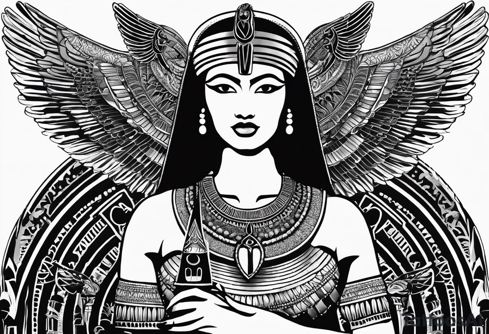 black and white Egyptian goddess Isis, who is often depicted as a woman with outstretched wings, holding an ankh (a symbol of life) in one hand and a lotus flower in the other. Her headdress often includes a throne or a solar disk. The tattoo design can vary in style and size, but it typically aims to capture the essence of this revered Egyptian deity, emphasizing her beauty, power, and maternal qualities. The choice of colors and additional elements can also be customized to create a unique and visually striking representation of the goddess Isis tattoo idea