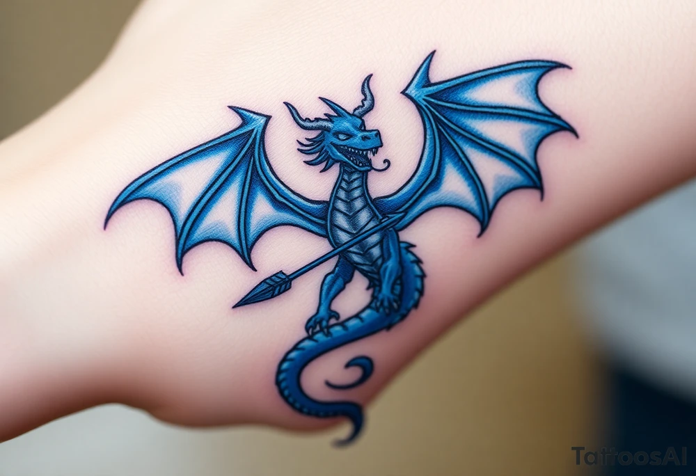 Blue fire breathing dragon with wings spread and an arrow through its chest tattoo idea