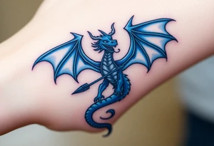 Blue fire breathing dragon with wings spread and an arrow through its chest tattoo idea