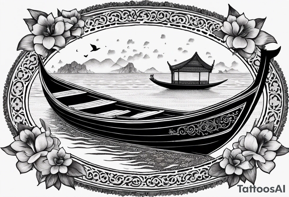 Create an oval-shaped frame with the text “Honeymoon” written in Thai inside the oval. At the center of the oval, place a traditional Thai long-tail boat decorated with flowers at its bow, as is customary. The boat should be floating on open water with gentle waves, and beneath the boat, include a swimming turtle. tattoo idea