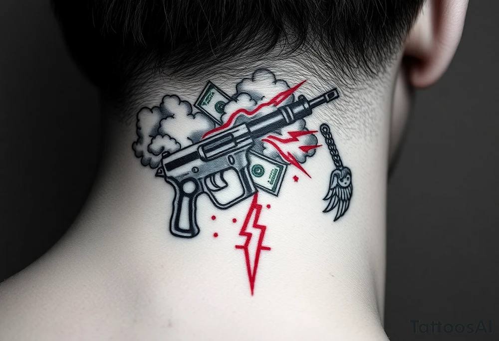 deepfull description of details with clouds,fire guns, money,angels and red tattoo idea