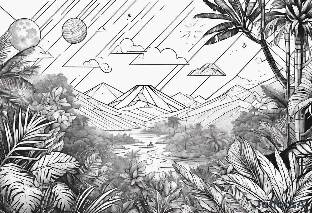 minimalistic jungle vs space with line tattoo idea