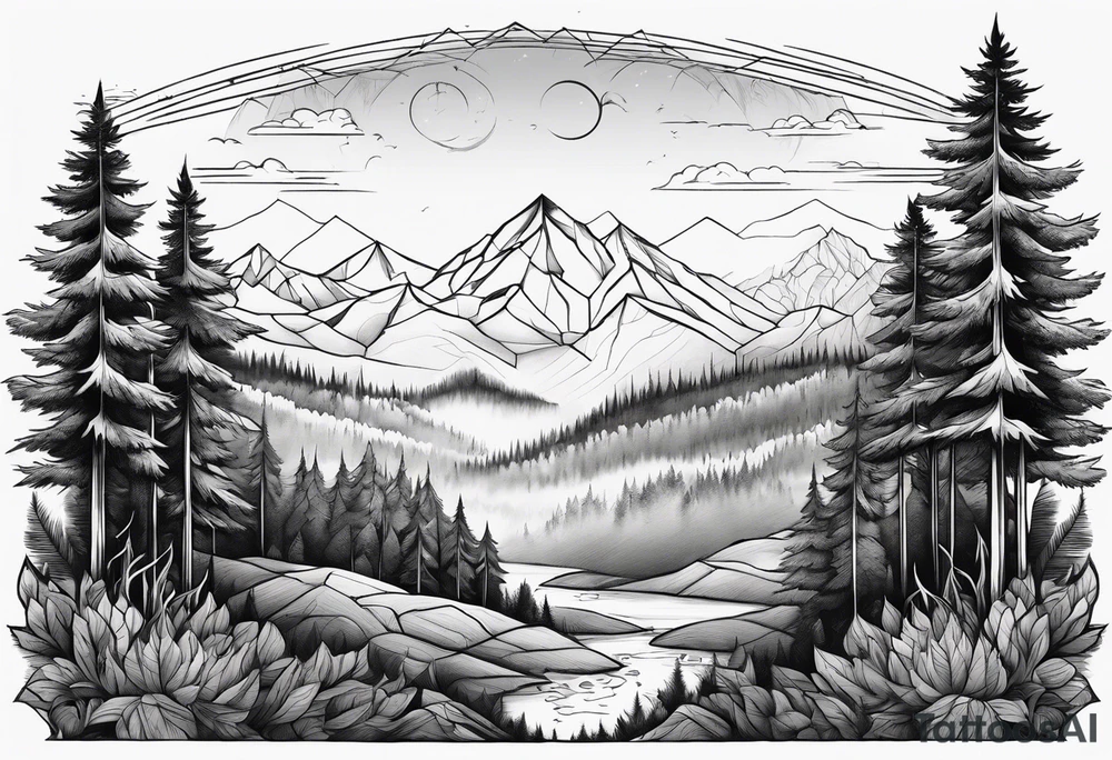 a forest along the edges where the mountains burn below and in the distance with full trees and emptiness in the middle tattoo idea