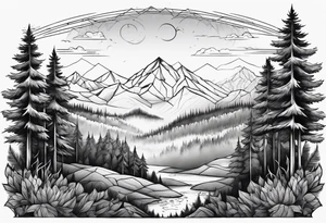 a forest along the edges where the mountains burn below and in the distance with full trees and emptiness in the middle tattoo idea