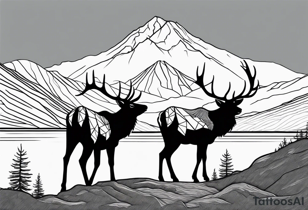 male and female elk near water with mountain landscape in the background with as little black as possible tattoo idea