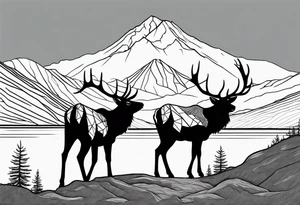 male and female elk near water with mountain landscape in the background with as little black as possible tattoo idea