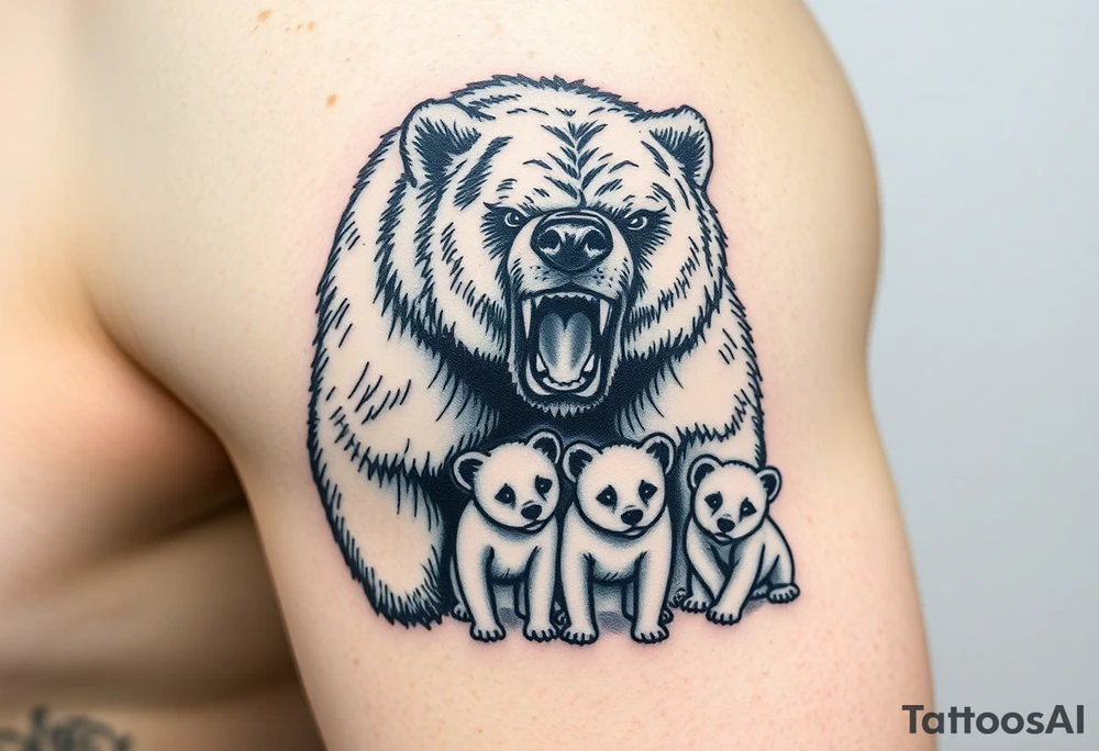 A detailed grizzly bear fiercely growling, looming over 4 cubs 3 girls and a boy. tattoo idea