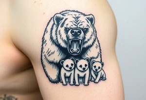 A detailed grizzly bear fiercely growling, looming over 4 cubs 3 girls and a boy. tattoo idea