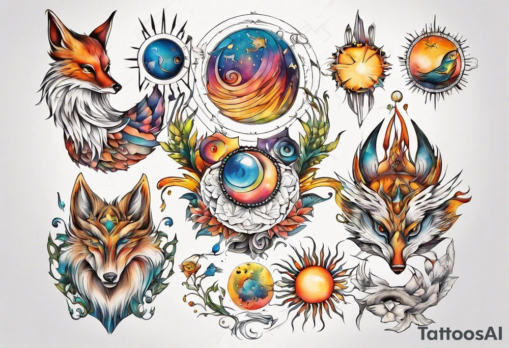 fisch, fuchs und eule , symetrie  sonne, universum, bunt, " sapere aude" tattoo idea
