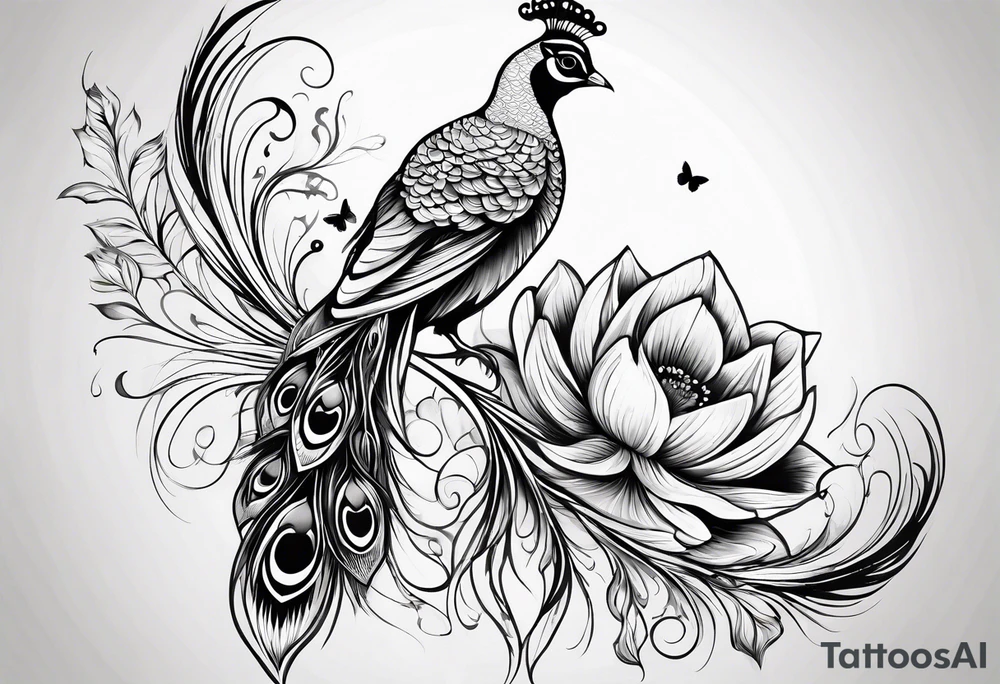 Peacock feather, butterfly, narcissus flower and hummingbird calf tattoo idea
