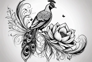 Peacock feather, butterfly, narcissus flower and hummingbird calf tattoo idea