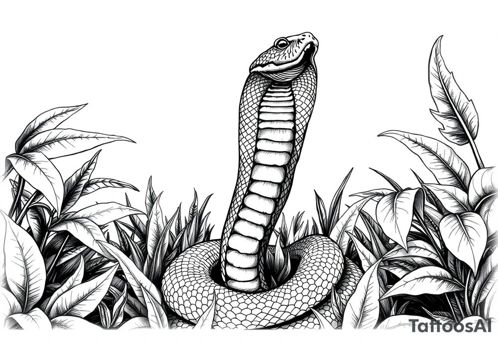 Upright cobra emerging from dense jungle foliage, detailed scales. tattoo idea