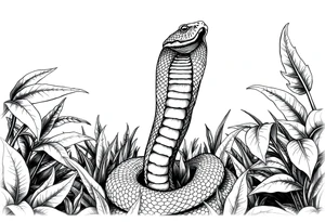 Upright cobra emerging from dense jungle foliage, detailed scales. tattoo idea