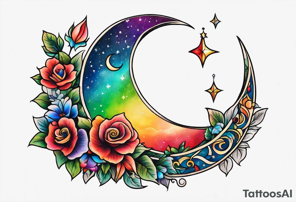 Small crescent moon with a rainbow tattoo idea