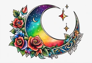 Small crescent moon with a rainbow tattoo idea
