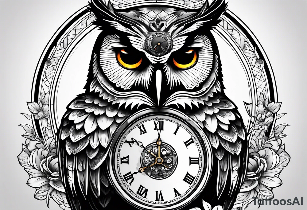 owl with a clock and skull tattoo idea