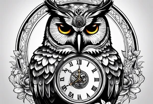 owl with a clock and skull tattoo idea