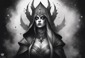 Idea for a pointillism tattoo of Sylvanas Banshee mode with some smoke around from World of Warcraft, black and white tattoo idea