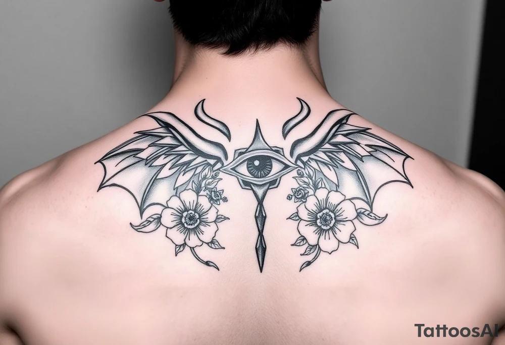 Devil wings and eye of Horus with flowers tattoo idea