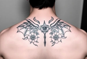 Devil wings and eye of Horus with flowers tattoo idea
