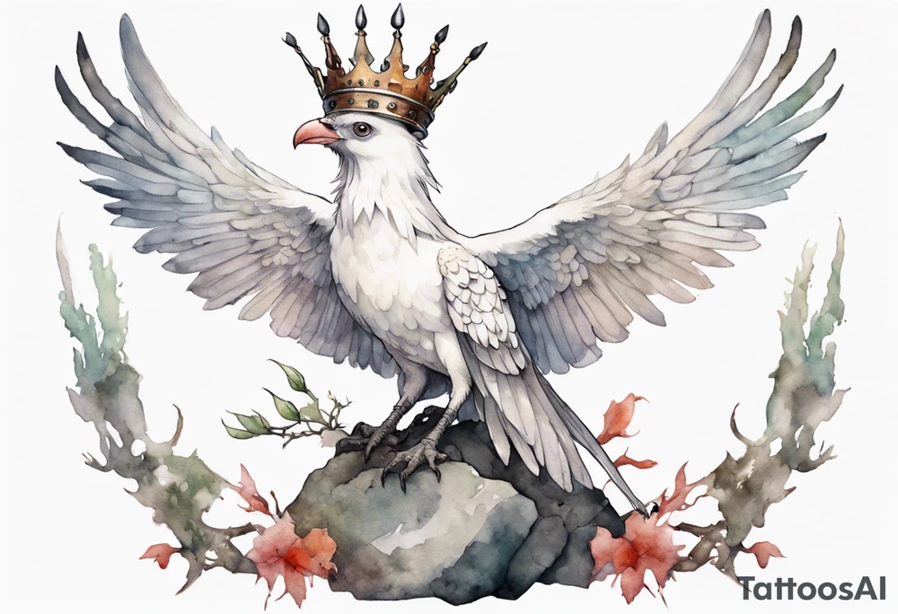 a white Cockatrice wearing a plain iron crown, perched on a stone tattoo idea