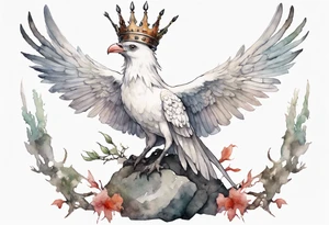 a white Cockatrice wearing a plain iron crown, perched on a stone tattoo idea
