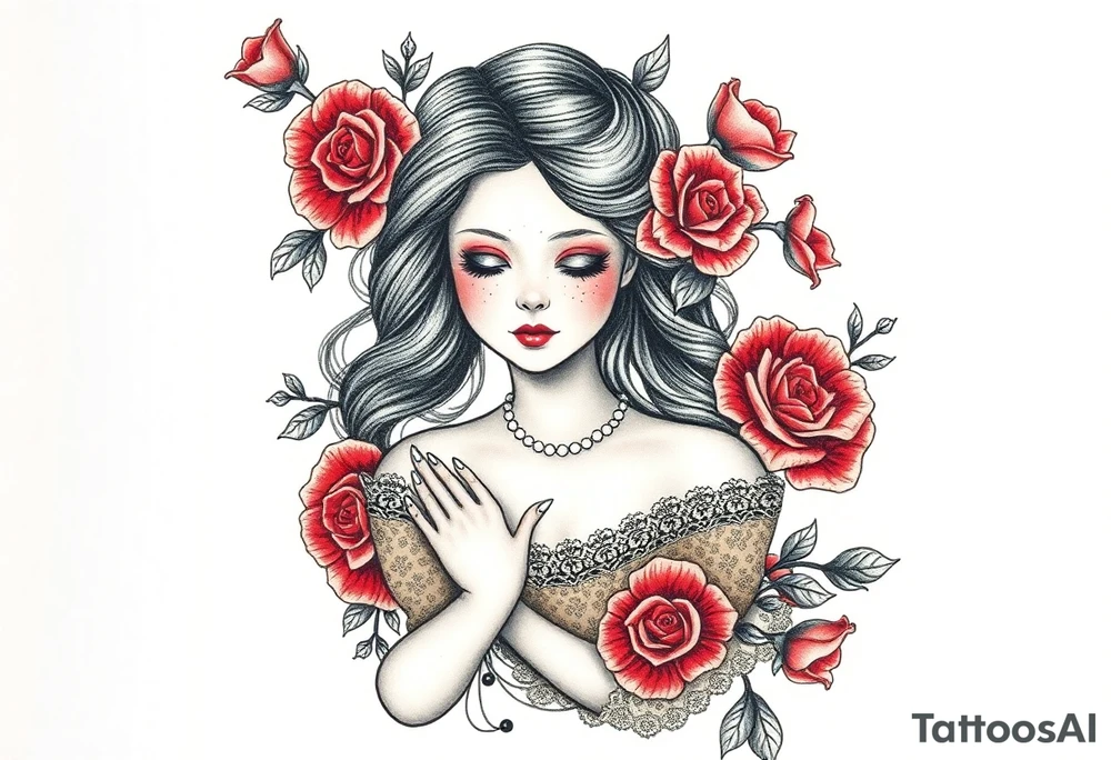 Vintage dollies, red roses, lace, red bird, vintage, wrap around, no person tattoo idea