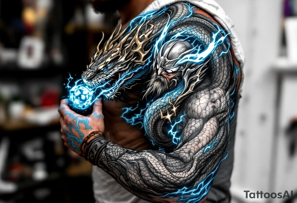 A colossal Thor battling the Midgard Serpent, Jörmungandr, with Mjölnir glowing in his hand, in high-contrast black and grey with electric blue. tattoo idea