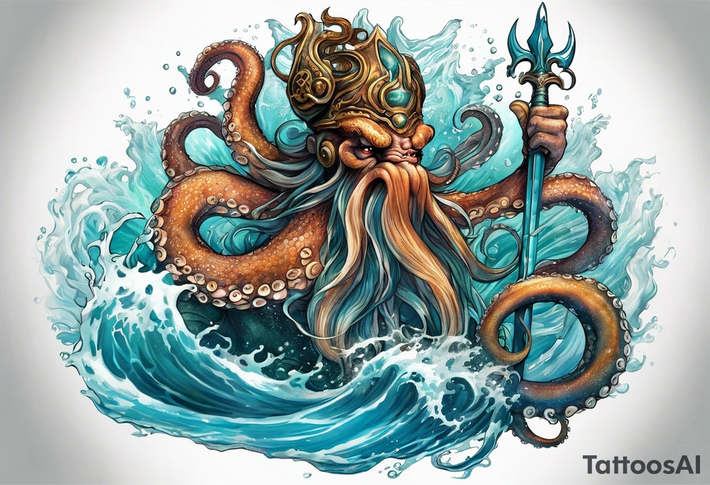 A vicious octopus monster underwater ensnaring the Greek god Poseidon as he thrust his trident tattoo idea