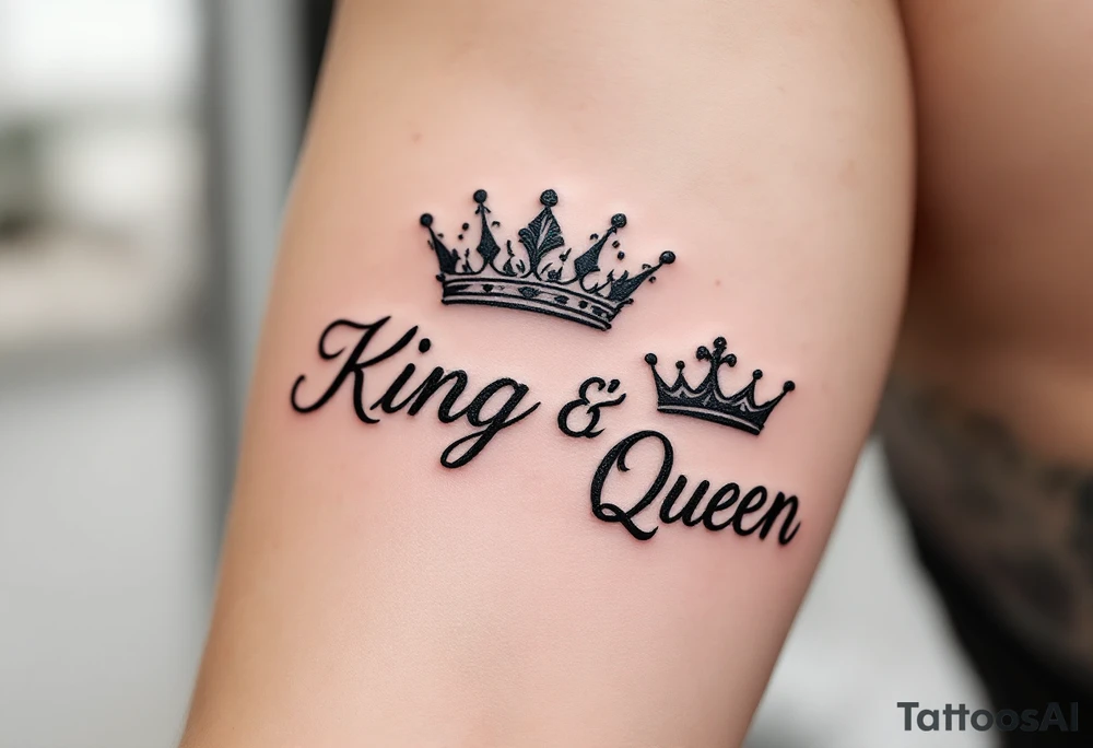 A minimalist black crown pair with the word "King" in bold script and "Queen" in elegant cursive, symbolizing unity in style. tattoo idea