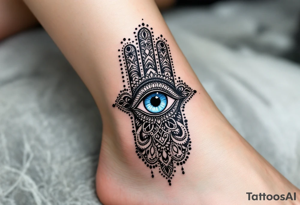 A detailed black ink Hamsa with a piercing blue evil eye at its center, warding off negativity. tattoo idea