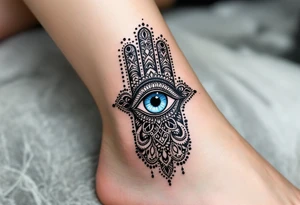 A detailed black ink Hamsa with a piercing blue evil eye at its center, warding off negativity. tattoo idea