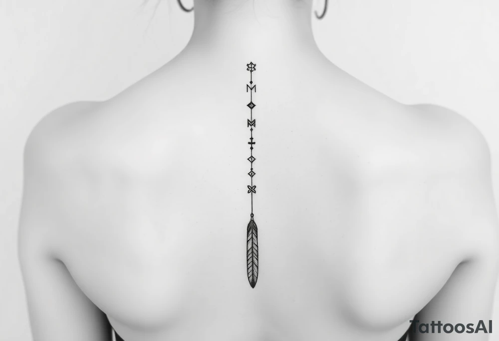 Thin vertical chain of symbols in a native ornament style following down the spine in a  with 3 vertical different lengths flowing lines made of a discreet connection of morse code ".--- .- --.     .-.. ... -.- .- .-.   -.. .. --.     .-.. .. .-.. .-.. . -... .-. --- .-. forming 3 arrow shapes connected to 3 flowing feathers hanging from the end of the morse code lines tattoo idea