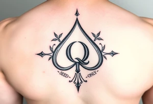 A spade womb tattoo with a Q in the center, with three points around the outside. The first reading, "BLACK". The second reading, "SEED". The third reading, "ONLY". tattoo idea
