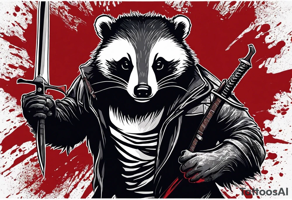 Draw me psychopath Badger/Assassin with aggressive full body, killer face with a smile, very long nails and he attacks like a Bloody Assassin to us and also, he has very deadly looking. He fights with his nails. Everybody scares after their first sight. Give me horror type Badger Tattoo. I want to see his Realistic full body. tattoo idea