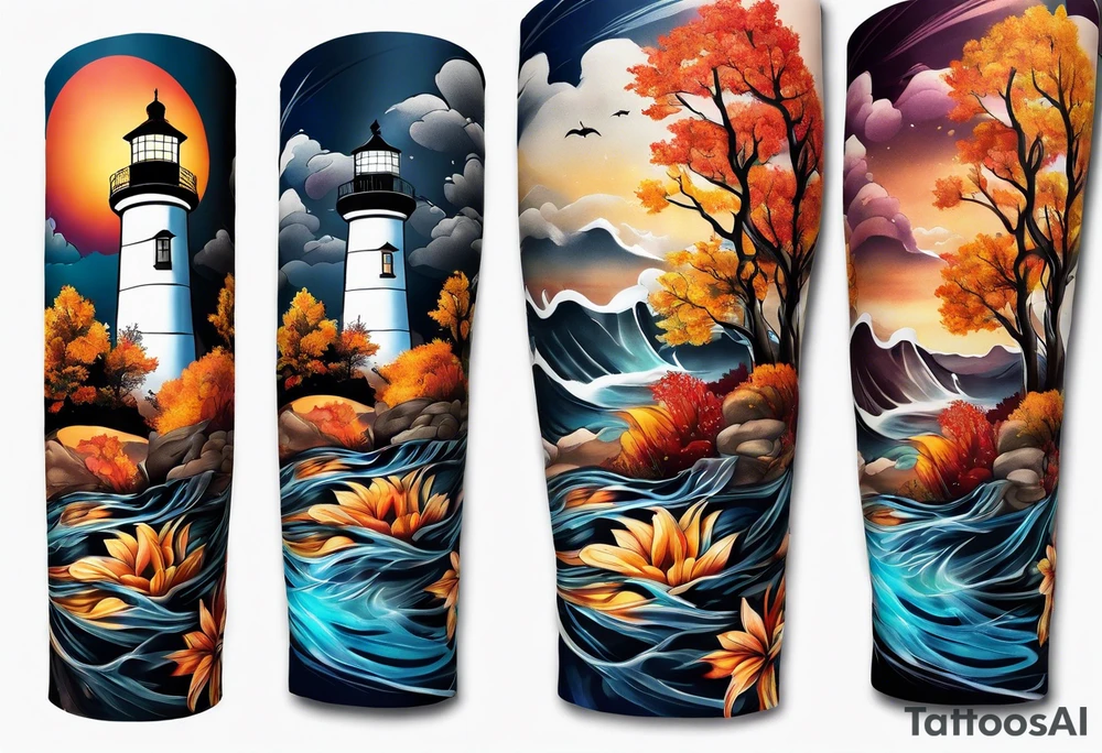Arm sleeve with fall colors, various flowers, water flow, water splash, light house tattoo idea