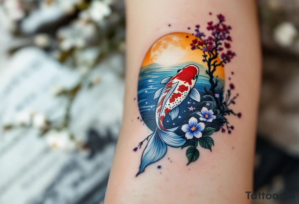 a koi fish swimming upstream in a pond moonlight by the full moon with a sakura tree by the pond surrounded by lighting tattoo idea