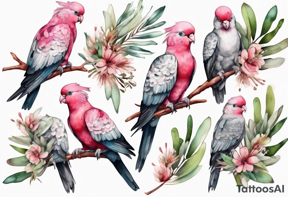 Galahs sitting on wattle and eucalyptus leaves tattoo idea