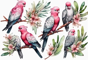 Galahs sitting on wattle and eucalyptus leaves tattoo idea