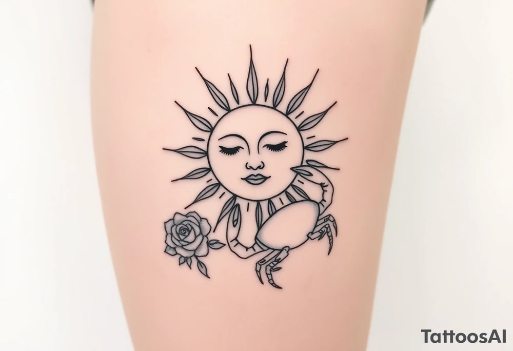 Sun with simple face, lines coming from
Sun, rose, and crab traditional tattoo idea