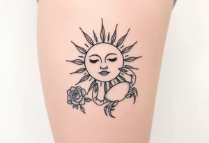 Sun with simple face, lines coming from
Sun, rose, and crab traditional tattoo idea