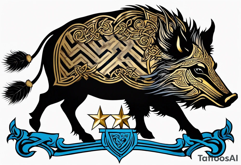 Side profile, Celtic, tribal, wild boar, On a Chatwin family crest with blue background, two gold stars, and a gold Chevron, and a Thistle. With bold black tribal lines. ancient Celtic, tribal boar tattoo idea