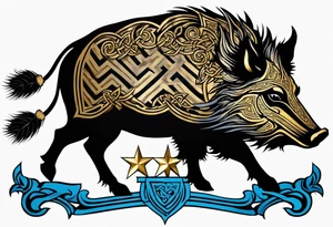 Side profile, Celtic, tribal, wild boar, On a Chatwin family crest with blue background, two gold stars, and a gold Chevron, and a Thistle. With bold black tribal lines. ancient Celtic, tribal boar tattoo idea