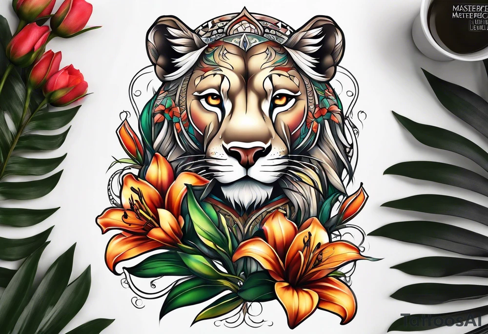 Tribal lioness with lilies tattoo idea