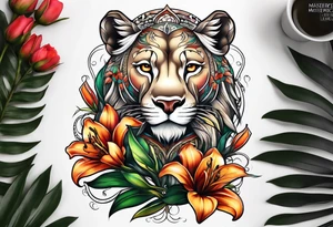 Tribal lioness with lilies tattoo idea