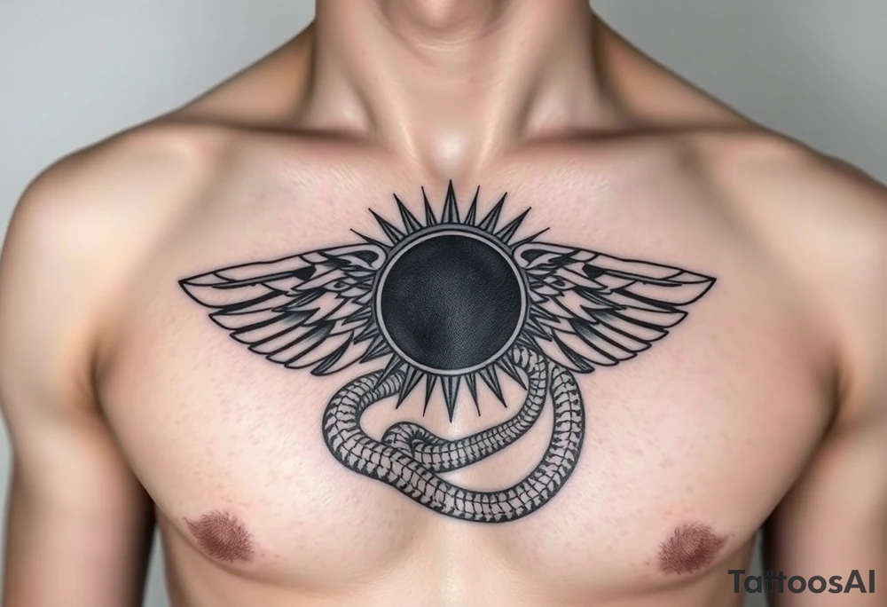Ra en eclipse
Cabeza de halcón de Ra (dios del sol) con el disco solar eclipsado por una luna negra o una serpiente.

Sus alas extendidas como pechera que cruza el torso. tattoo idea