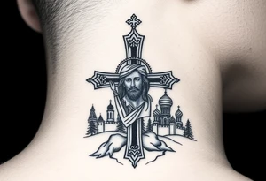 Traditional orthodox ICXC Christian cross with an orthodox portrait Jesus Christ on the cross in a wilderness Russian Kremlin setting tattoo idea