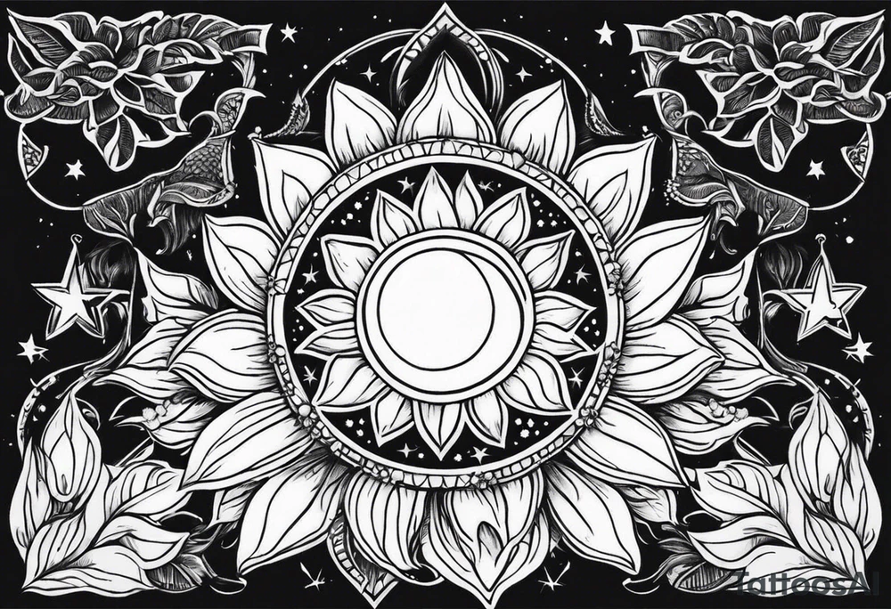 Band sun tattoo with sunflowers and stars tattoo idea