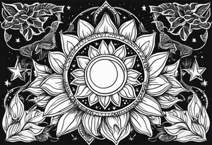Band sun tattoo with sunflowers and stars tattoo idea